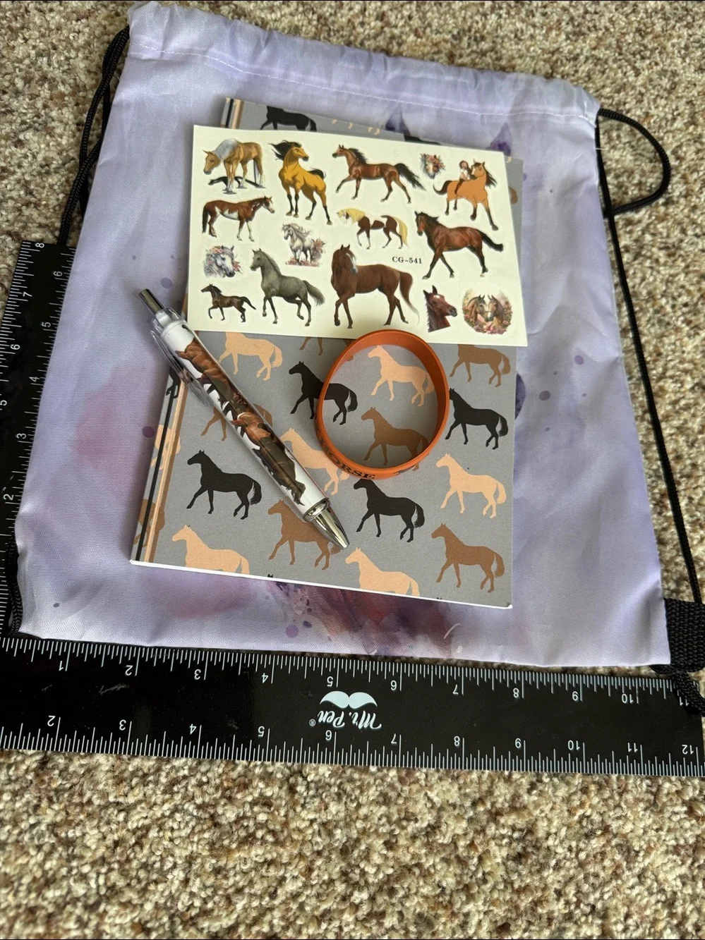 Horse themed Drawstring Backpack sticker pen bracelet notebook bundle